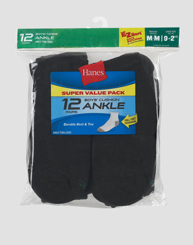 Hanes Double Tough Boys' Cushion Ankle Socks, 12-Pairs