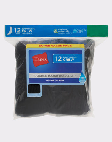 Hanes Double Tough Boys' Cushion Crew Socks, 12-Pairs