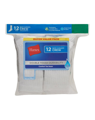 Hanes Double Tough Boys' Cushion Crew Socks, 12-Pairs