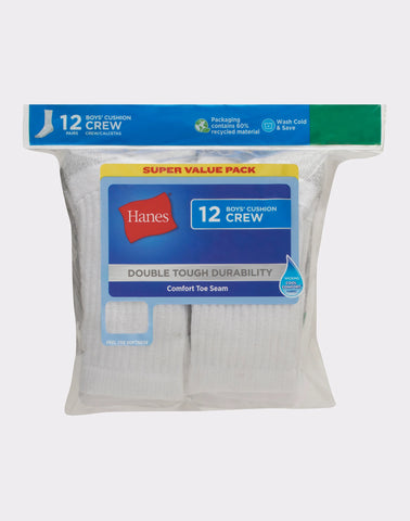 Hanes Double Tough Boys' Cushion Crew Socks, 12-Pairs