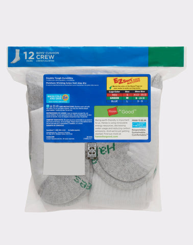 Hanes Double Tough Boys' Cushion Crew Socks, 12-Pairs
