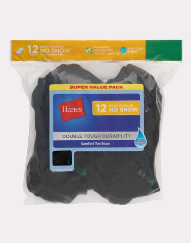 Hanes Double Tough Boys' Cushion No Show Socks, 12-Pairs
