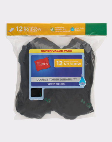 Hanes Double Tough Boys' Cushion No Show Socks, 12-Pairs