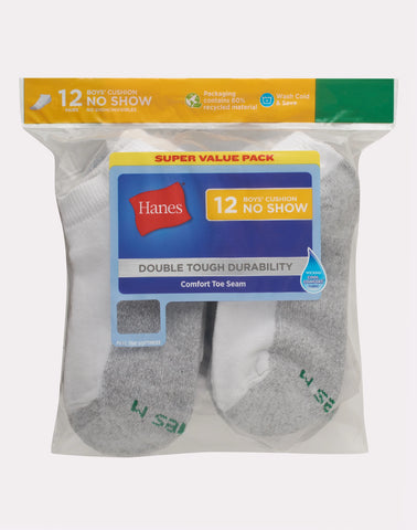 Hanes Double Tough Boys' Cushion No Show Socks, 12-Pairs