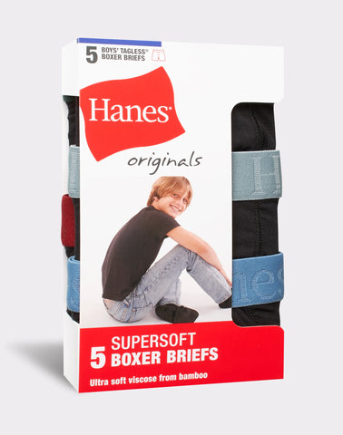 Hanes Originals Boys' SuperSoft Boxer Brief Underwear, Black, 5-Pack