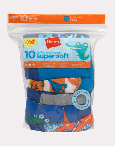 Hanes Toddler Boys' Tagless Briefs, Dinosaur Prints & Solids, 10-Pack