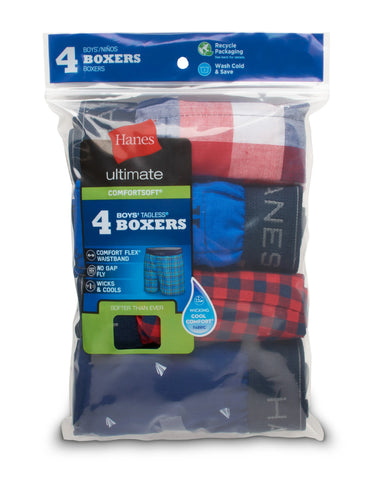 Hanes Ultimate ComfortSoft Boys' Woven Boxer Underwear, Assorted, 4-Pack