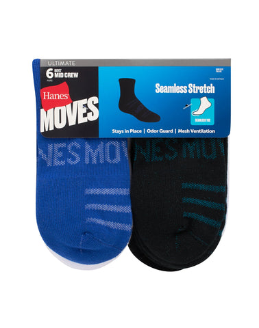 Hanes Moves Ultimate Boys' Seamless Stretch Mid Crew Socks, 6-Pairs