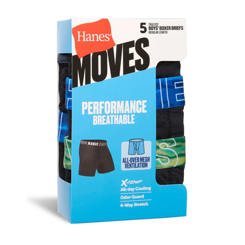 Hanes Moves Boys' Breathable Mesh Boxer Brief Underwear, X-Temp, Black, 5-Pack