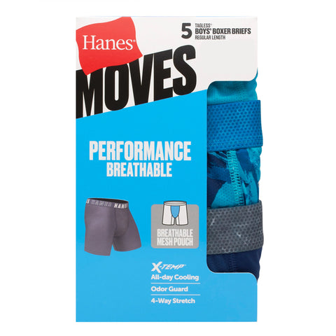Hanes Moves Boys' Breathable Boxer Brief Underwear, X-Temp, Assorted Prints & Solids, 5-Pack