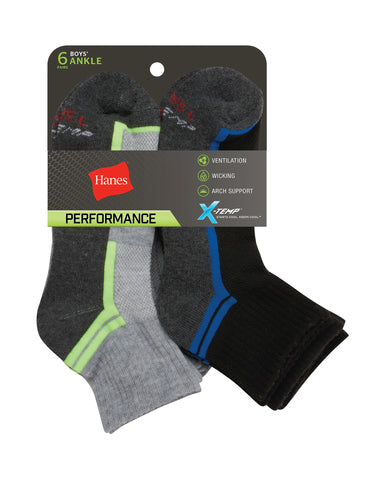 Hanes Boys' Performance Ankle Socks, X-Temp, 6-Pairs