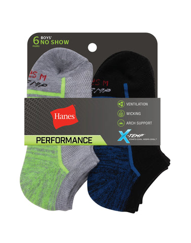Hanes Boys' Performance No Show Socks, X-Temp, 6-Pairs