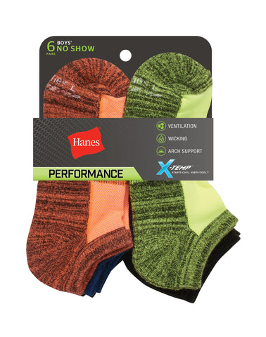 Hanes Boys' Performance No Show Socks, X-Temp, 6-Pairs
