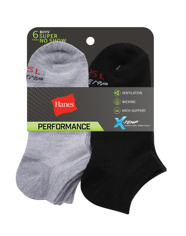 Hanes Boys' Performance Super No Show Socks, X-Temp, 6-Pairs