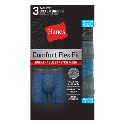 Hanes Comfort Flex Fit Men's Breathable Stretch Mesh Boxer Brief Underwear, Blue/Grey/Black, 3-Pack