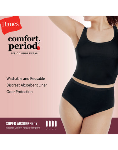 Hanes Comfort, Period. Women's Brief Period Underwear, Moderate Leaks, 1-Pack