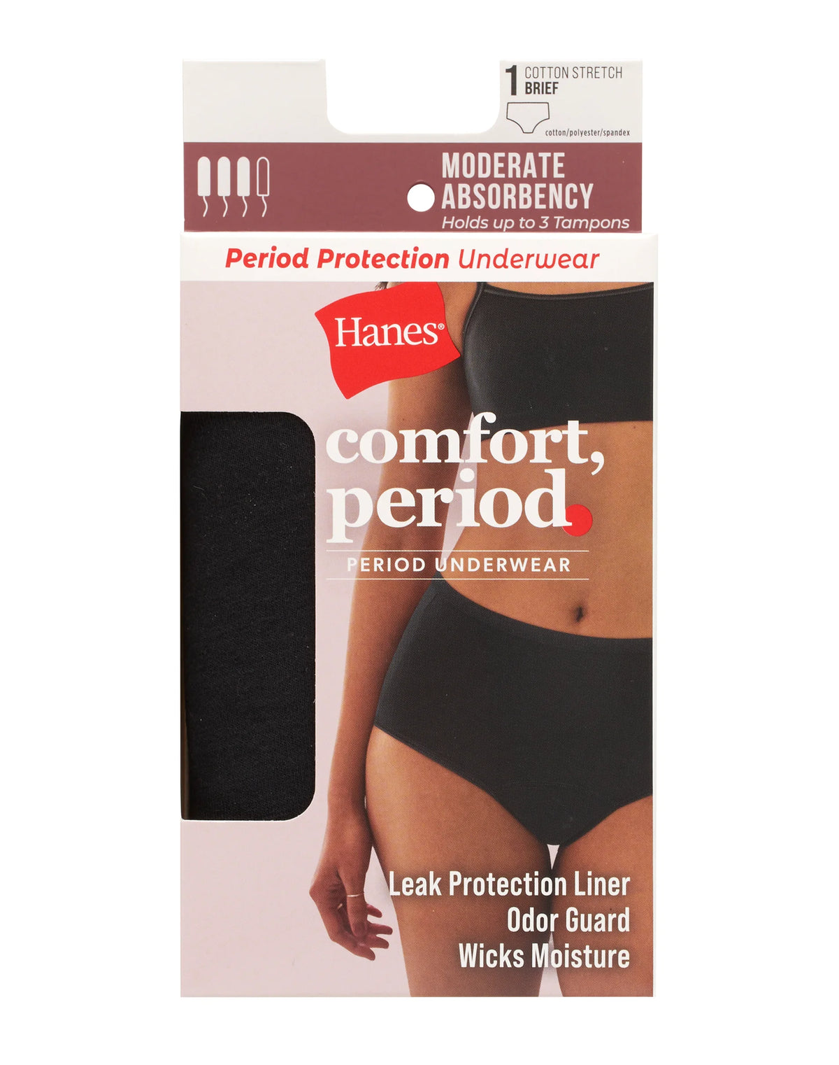 Hanes Comfort, Period. Women's Brief Period Underwear, Moderate Leaks, 1-Pack