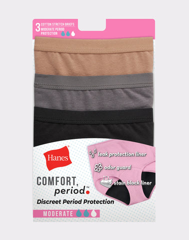 Hanes Comfort, Period. Women's Brief Period Underwear, Moderate Leaks, Neutrals, 3-Pack