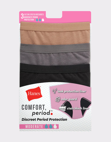 Hanes Comfort, Period. Women's Boyshort Period Underwear, Moderate Leaks, Neutrals, 3-Pack