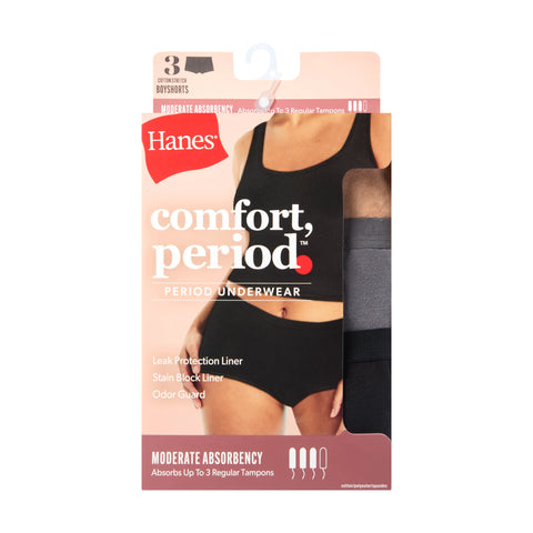 Hanes Comfort, Period. Women's Boyshort Period Underwear, Moderate Leaks, Neutrals, 3-Pack