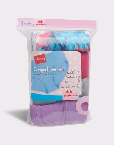 Hanes Comfort, Period. Girls' Hipster Period Underwear, Moderate Protection, Assorted, 4-Pack