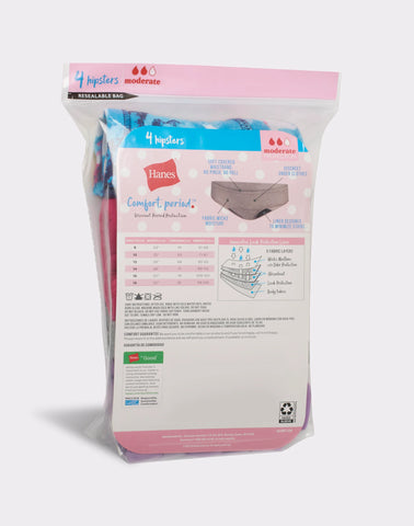 Hanes Comfort, Period. Girls' Hipster Period Underwear, Moderate Protection, Assorted, 4-Pack
