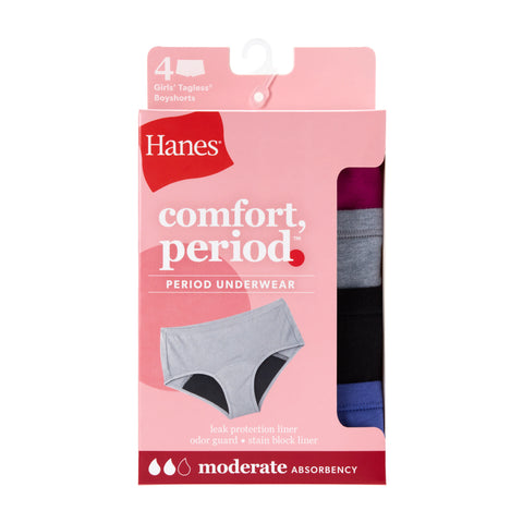 Hanes Comfort, Period. Girls' Boyshort Period Underwear, Moderate Leaks, Assorted Solids, 4-Pack