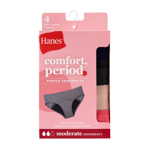 Hanes Comfort, Period. Girls' Hipster Period Underwear, Moderate Protection, Assorted Solids, 4-Pack