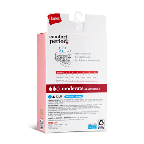 Hanes Comfort, Period. Girls' Hipster Period Underwear, Moderate Protection, Assorted Solids, 4-Pack