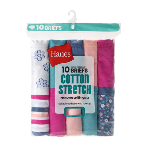 Hanes Girls' Cotton Stretch Brief Underwear, 10-Pack