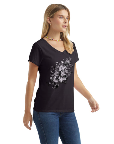 Hanes Women's V-Neck Graphic T-Shirt, Beach Floral Cascade