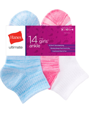 Hanes Ultimate Girls' Ankle Socks, Moisture Wicking, 14-Pairs