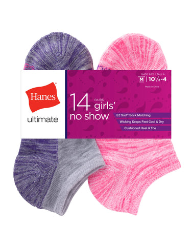 Hanes Ultimate Girls' No Show Socks, Moisture Wicking, 14-Pairs