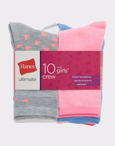 Hanes Ultimate Girls' Crew Socks, Fashion Assortment, 10-Pairs