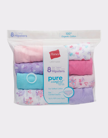 Hanes Ultimate Pure Comfort Girls' Hipster Underwear, Cotton, 8-Pack
