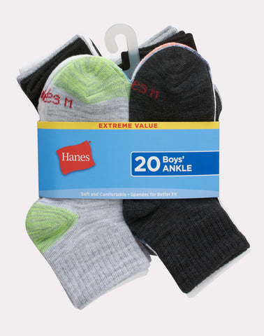 Hanes Boys' Ankle Socks, Super Value Pack, 20-Pairs