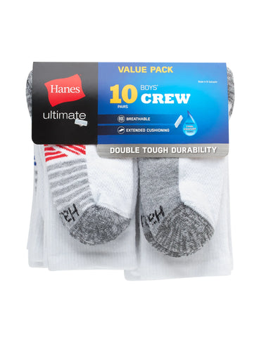 Hanes Ultimate Double Tough Boys' Crew Socks, 10-Pairs