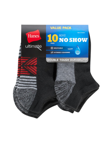 Hanes Ultimate Double Tough Boys' No Show Socks, 10-Pairs