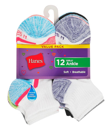 Hanes Cool Comfort Girls' Mesh Ankle Socks, 12-Pairs
