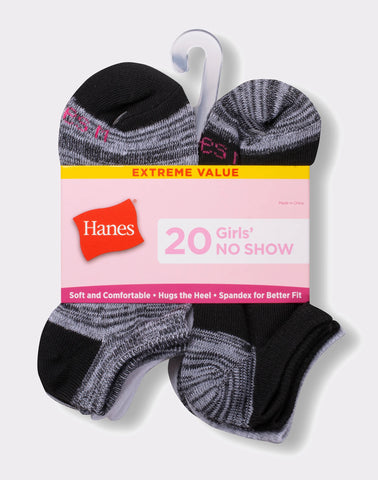 Hanes Girls' No Show Socks, Super Value Pack, 20-Pairs