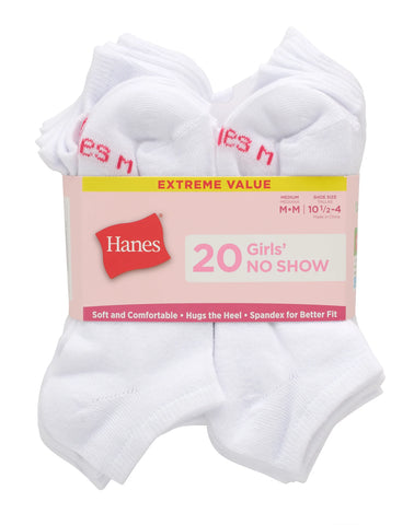 Hanes Girls' No Show Socks, Super Value Pack, 20-Pairs