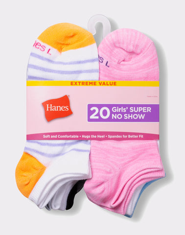 Hanes Girls' Super No Show Socks, Super Value Pack, 20-Pairs