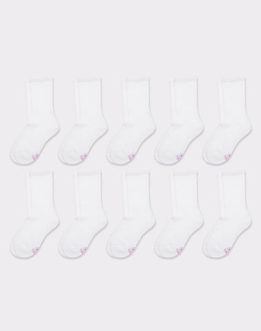 Hanes Girls' Uniform Crew Socks, White, 10-Pairs