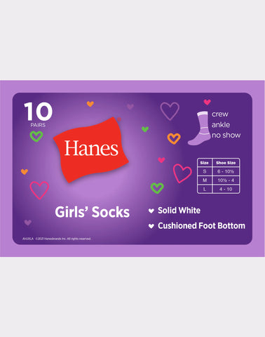 Hanes Girls' No Show Socks, White, 10-Pack
