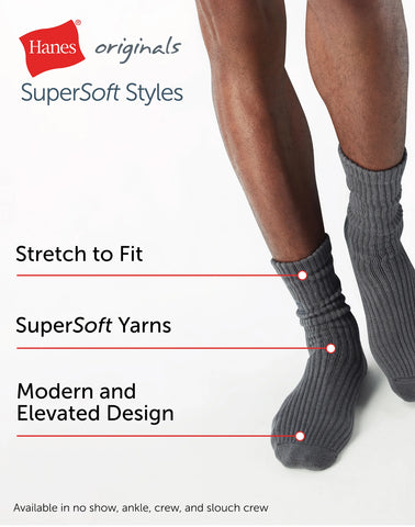 Hanes Originals Men’s Crew Socks Pack, 3 Pairs, SuperSoft Slouch
