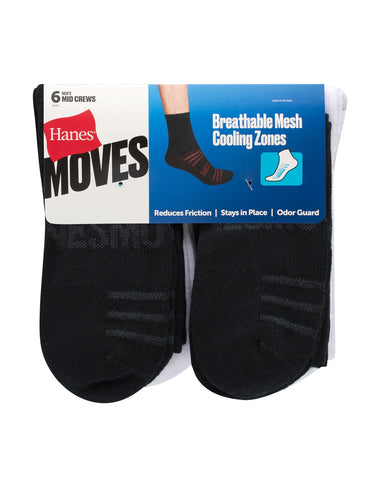 Hanes Moves Breathable Mesh Men’s Mid-Crew Socks, Shoe Sizes 6-12, 6-Pairs