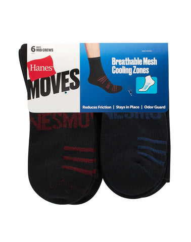 Hanes Moves Breathable Mesh Men’s Mid-Crew Socks, Shoe Sizes 6-12, 6-Pairs
