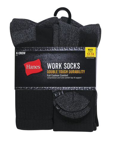 Hanes Double Tough Men's Work Crew Socks, Shoe Sizes 12-14, 6-Pairs