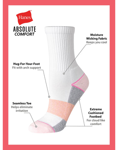 Hanes Absolute Comfort Women's Crew Socks, 4-Pairs