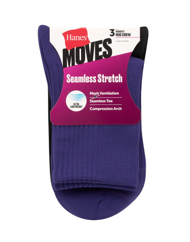 Hanes Moves Women’s Seamless Stretch Mid Crew Socks, 3 Pairs